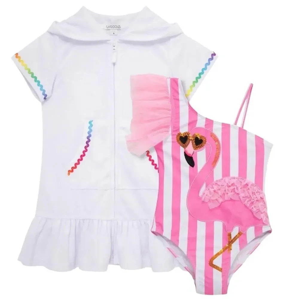 Flapdoodles Pink Flamingo Swimsuit White Cover-Up Set 3T NWT